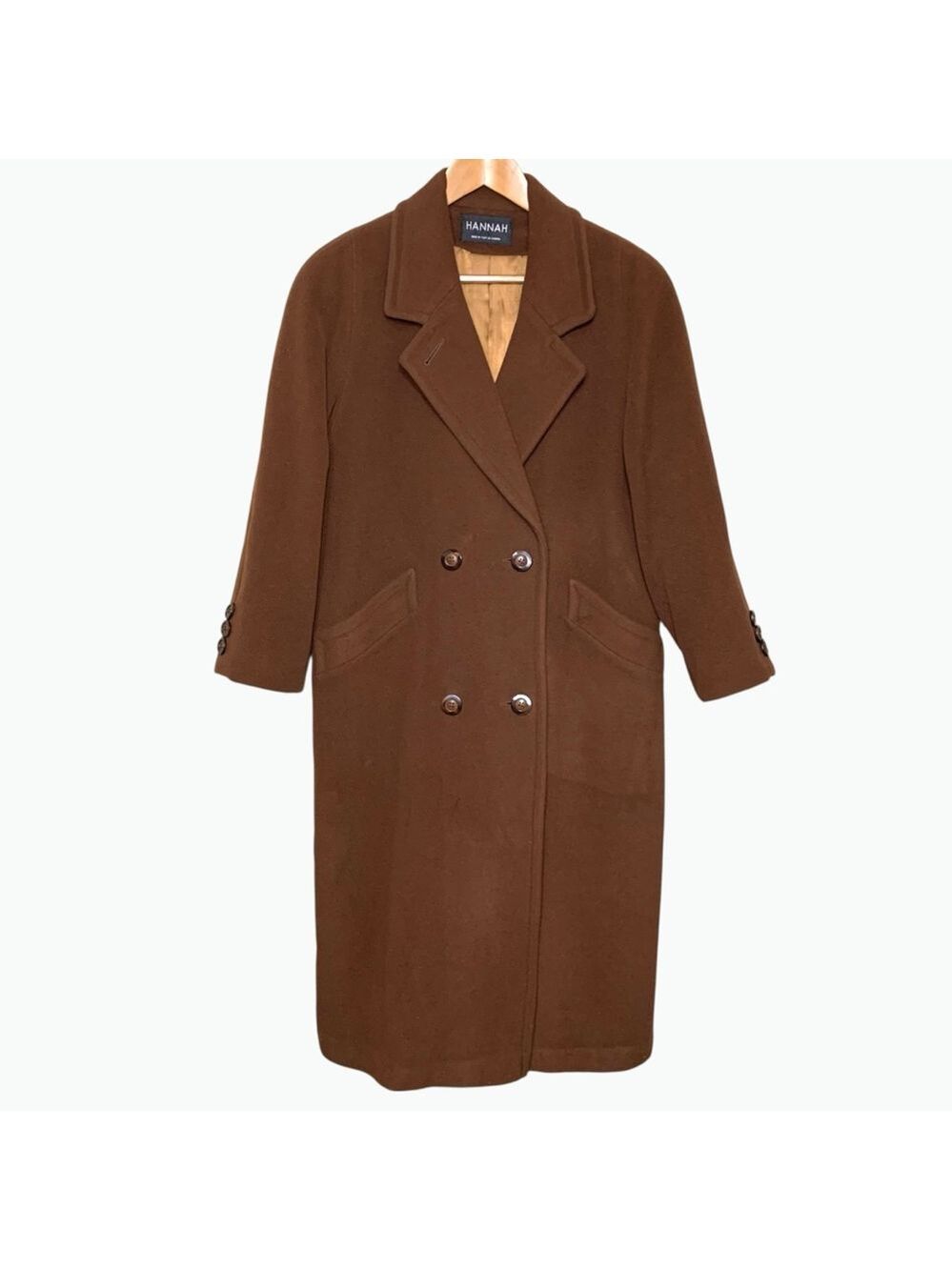 Vintage Hannah Brown Double-Breasted Long Coat Australian Lambswool Sz 10